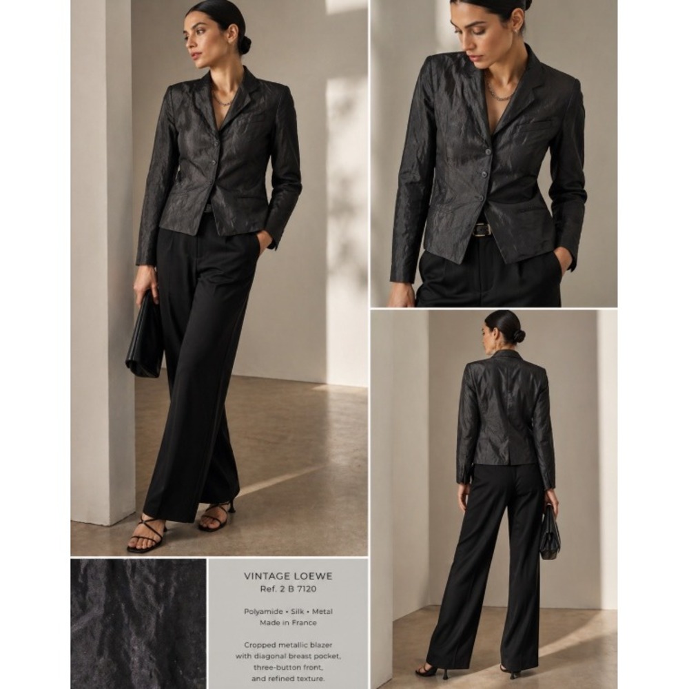 NEW Vintage Loewe Cropped Metallic Blazer 8 Black Textured Silk Blend Y2K Jacket